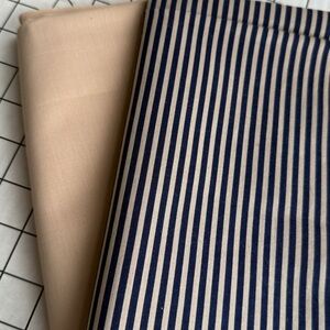 Vintage Cotton Fabric Lot – Tan Solid (2 Yards) & Navy Stripe (1 Yard)